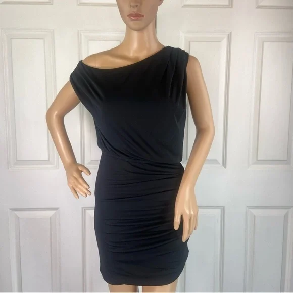 Halston Heritage Black Off-the-Shoulder Ruched Stretchy Lined Cocktail Dress - Picture 3 of 17